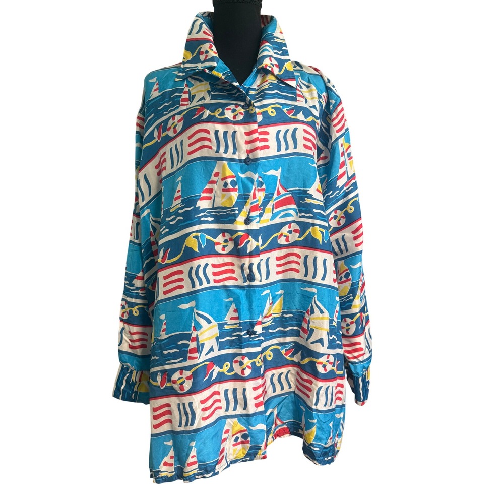 Stunt Collections Womens 1X Silk Nautical Sailboat Print Button Down Shirt Blue